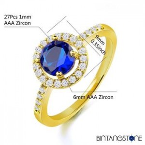 Cincin Wanita Import Size 8 Real 18K Yellow Gold Plated Blue Round Cubic Zircon Woman Ring 749